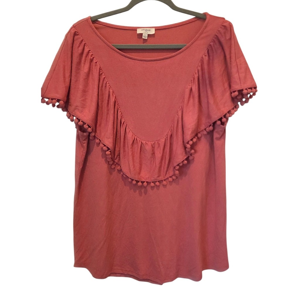 Umgee USA Pink Peach Pom Pom Ruffle Tiered Short Sleeve Top Women's Size L Boho